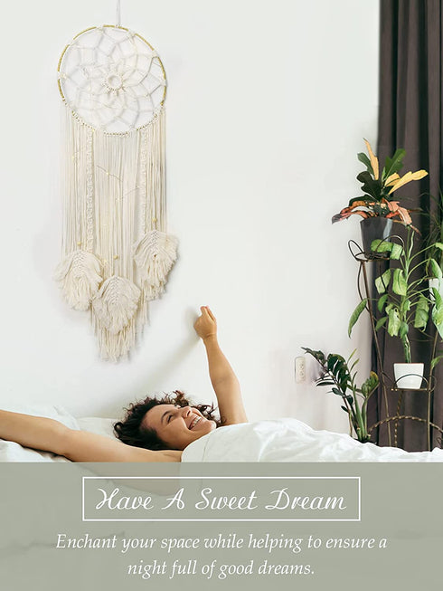Shinowa Circle Dream Catcher, Cotton Woven Wall Hanging Moon Dream Catcher with Fairy Lights Round Macrame Wall Decoration Bohemian Decor Creative Tassel Home Hangings Boho Ornament Craft, Beige