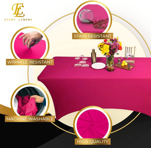Fuchsia 6ft Tablecloth Rectangular Spandex Linen - Table Cloth Fitted Cover for 6 Foot Folding Table, Wedding Linens Banquet Cloths Rectangle Covers