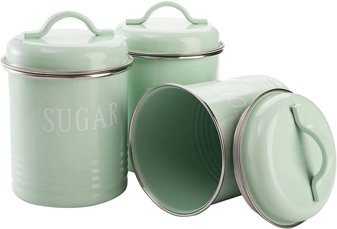 Fasmov 3 Pack Airtight Kitchen Canister Decorations with Lids, Turquoise Metal Rustic Farmhouse Country Decor Containers for Sugar Coffee Tea Storage, Green