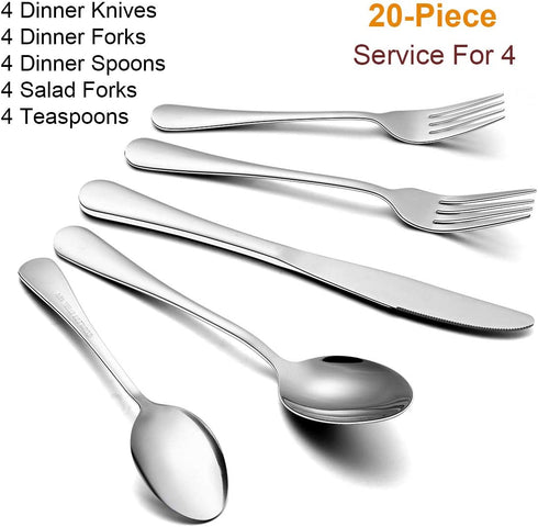 Wildone 20-Piece Silverware Set, Stainless Steel Flatware Cutlery Set Service for 4, Tableware Eating Utensils Include Knife/Fork/Spoon, Mirror Polished, Dishwasher Safe