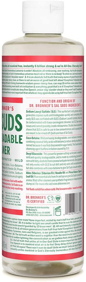 Dr. Bronner's - Sal Suds Biodegradable Cleaner (16 Ounce) - All-Purpose Cleaner, Pine Cleaner for Floors, Laundry and Dishes, Concentrated, Cuts Grease and Dirt, Powerful Cleaner, Gentle on Skin