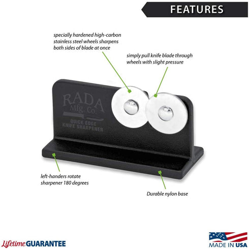 Rada Cutlery Quick Edge Knife Sharpener Stainless Steel Wheels Made in the USA, 2 Pack, Black