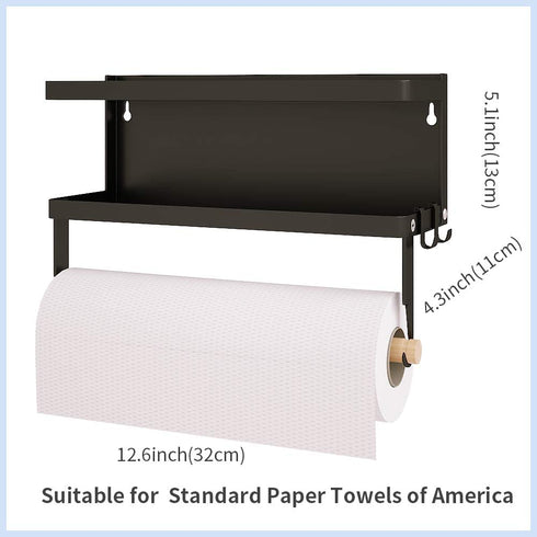 Magnetic Paper Towel Holder for Refrigerator,2-in-1 Foldable Magnetic Shelf Wall Mount Towel Rack with Hooks,Magnetic Spice Rack,Refrigerator Organizer for Kitchen (Black)