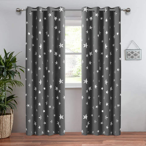 Anjee Kids Blackout Curtains for Bedroom Nursery 2 Panels Space Grey Stars Window Drapess 84 Inch Long Silver Foil Printed Thermal Insulated Living Room Darkening Playhouses, Space Gray 52x84 Inches
