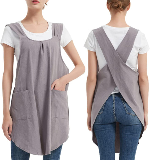 ENN&EEZY Japanese Linen Aprons for Women with Pockets Cross Back Cute Apron Dress for Gardening, Painting, Baking and Cooking