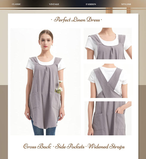 ENN&EEZY Japanese Linen Aprons for Women with Pockets Cross Back Cute Apron Dress for Gardening, Painting, Baking and Cooking