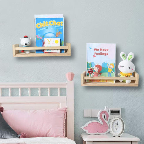 Nursery Bookshelf- Set of 2- Baby Floating Bookshelf or Book Shelf Organizer for Kids Nursery Decor,Wall Shelves for Kitchen Spice Rack,Pine Natural Wood