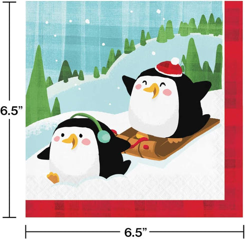 Fun with Santa Themed Party Supplies | Bundle Includes Paper Plates and Napkins for 16 People Plus Tablecover | Santa and Penguins Design