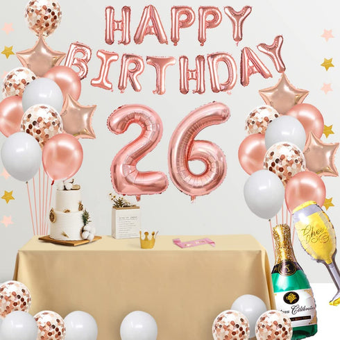 Fancypartyshop 26th Birthday Decorations - Rose Gold Happy Birthday Banner and Sash with Number 26 Balloons Latex Confetti balloons Ideal for Girl and Women 26 Years Old Birthday Rose Gold