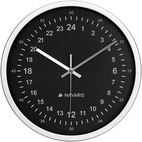 Navaris 24 Hour Wall Clock - 11.8" Analog Military Time Clock with Silent Movement Non-Ticking Hands - Battery Operated - Silver Frame with White Face