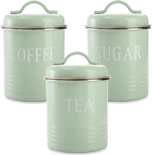 Fasmov 3 Pack Airtight Kitchen Canister Decorations with Lids, Turquoise Metal Rustic Farmhouse Country Decor Containers for Sugar Coffee Tea Storage, Green