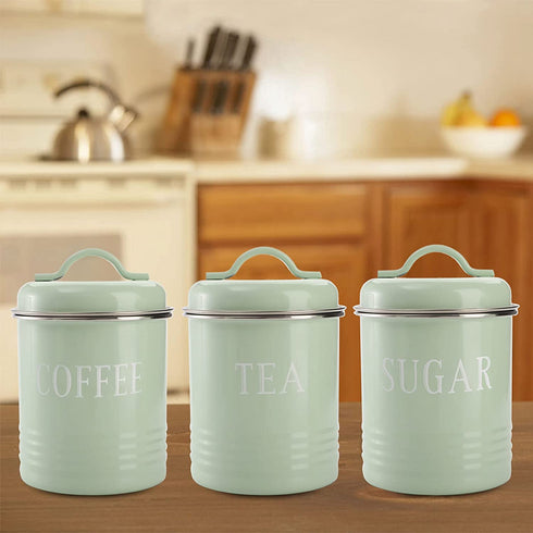 Fasmov 3 Pack Airtight Kitchen Canister Decorations with Lids, Turquoise Metal Rustic Farmhouse Country Decor Containers for Sugar Coffee Tea Storage, Green