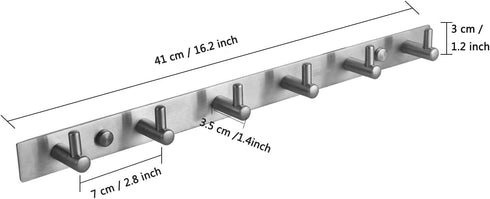Towel Hook Rack Brushed Nickel - Sagmoc 16-Inch Coat Hook Rail Wall Mounted with 6 Heavy Duty Hooks, Durable Wall Hangers for Bedroom, Bathroom, Foyer, Hallway (304 Stainless Steel)