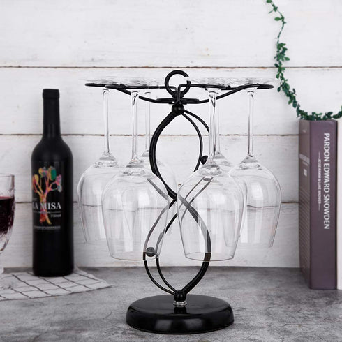 Countertop Wine Glass Holder - Freestanding Tabletop Stemware Storage Rack Metal Glasses Display Rack Black with 6 Hooks