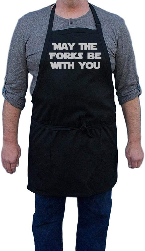 May The Forks Be with You Black Star Wars Aprons, Two Pockets, Fully Adjustable
