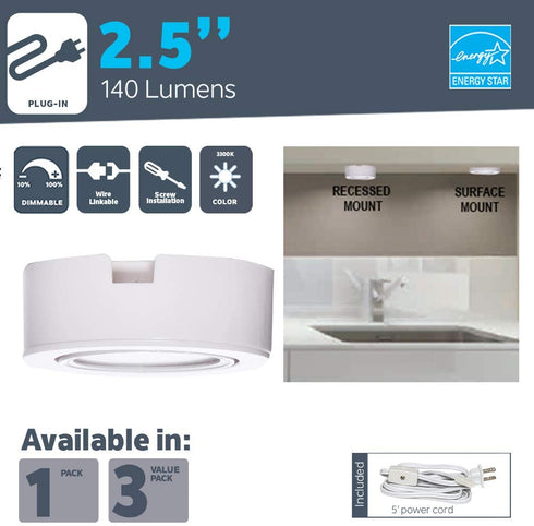 Nadair UNPL201-3K-3WH Wired LED Puck Lights (x3) Plug-In Lighting, Can Be Surface Mount or Flush Mount, Easy To Install, Daisy Chain, 3-pack 3000K Warm White
