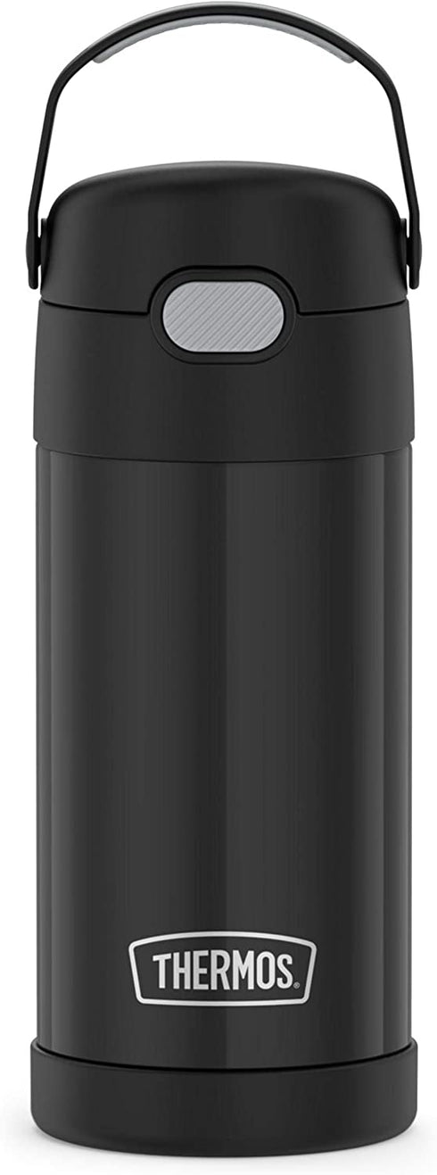 THERMOS FUNTAINER 12 Ounce Stainless Steel Vacuum Insulated Kids Straw Bottle, Black