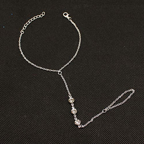 Obmyec Boho Crystal Finger Ring Bracelets Silver Rhinestone Hand Chain Slave Hand Harness Bracelet Accessories for Women and Girls