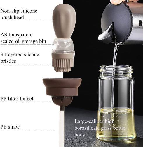 Sunnyac Oil Dispenser Bottle, 2 in 1 Oil Bottle with Silicone Measuring Basting Brush, 6oz Glass Condiment Bottles for Kitchen Cooking, BBQ, Baking, Pancake, Air Fryer, Marinating (Coffee)
