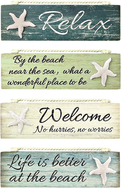 Relax By the Beach Welcome Life is Better Painted Wood Block Signs Set of 4