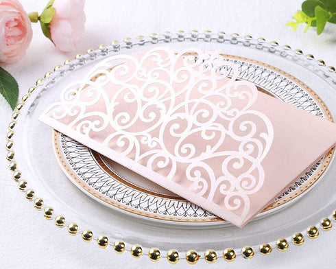 PONATIA 5.12 x 7.2 Inches 20PCS Tri-Fold Laser Cut Wedding Invitation Pocket with Envelopes for Wedding Bridal Shower Engagement Birthday Invite (Blush Pink, 20pcs No Inner Sheet)