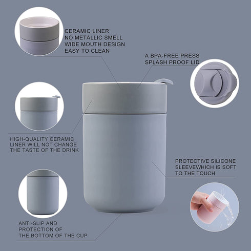 Ceramic Coffee Mug, Reusable Insulated Coffee Cups with Lids Cute Travel Mugs Protective Silicone Sleeve, 10 Ounces, To Go Mug for Coffee Tea Portable Office or Home Cups Dishwasher Safe (blue)