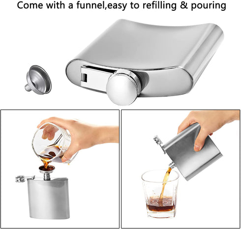 8th Day Fashion 6OZ Hip Flask for Liquor Pocket Size Stainless Steel Leakproof with Funnel Set Alcohol Drinking Flask Set (Silver)