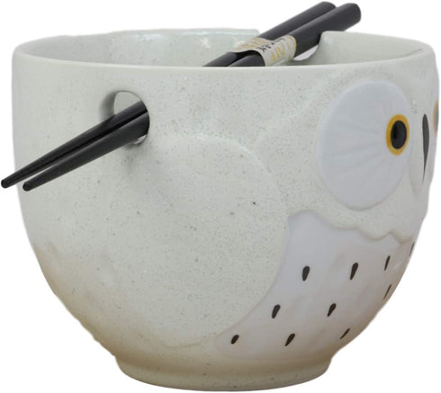 Ebros Whimsical Ceramic White Owl With Spotted Chest Ramen Udong Noodles Bowl and Chopsticks Set for Asian Dining Soup Rice Gourmet Meal As Taste of Asia Collection of Bowls Decor Kitchen