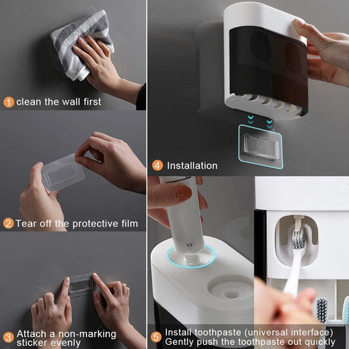 QQJ Wall-Mounted Toothbrush Holder-Electric Toothbrush Holder with Two Toothpaste squeezers and Toothbrush Storage Box. Automatic Toothpaste Dispenser with dust Cover, Suitable for Bathroom (White)