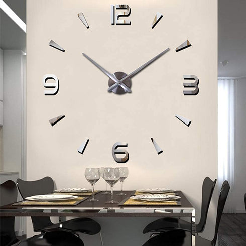 Large DIY Frameless Wall Clock 3D Wall Clock with Mirror Number Stickers for Home Office Decorations (Silver)