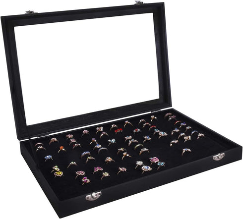 Autoark Velvet Stackable Clear Lid 100 Slots Jewelry Ring Box Showcase Display Organizer,Black,AJ-081