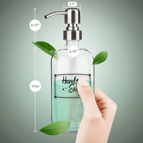 Glass Soap Dispenser 2 Pack 17oz Clear Liquid Soap Dispenser for Kitchen Bathroom Countertop Hand Dish Lotion (17oz/500ml)