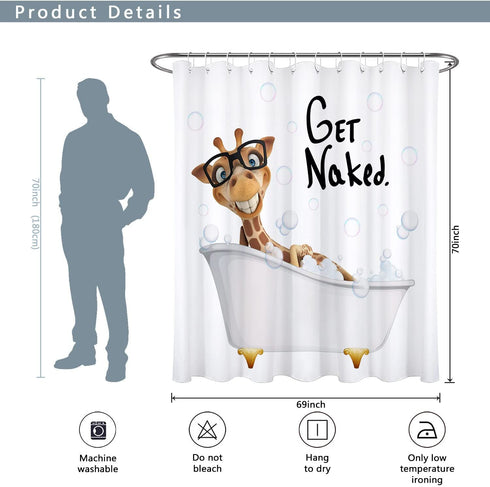 HVEST Funny Giraffe Get Naked Shower Curtain Cute Giraffe with Glasses in Soap Bubble Bathtub Funny Wild Animal Bathroom Decor Waterproof Polyester Fabric 72x72 Inches with 12 Hooks