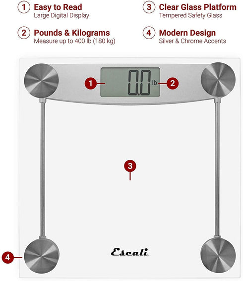 Escali E184 Extra Large Clear Glass Bathroom Body Scale, Traditional Square Sleek Design, LCD Digital Display, 400lb Capacity, Clear, 11.8 x 11.8 x 1 in