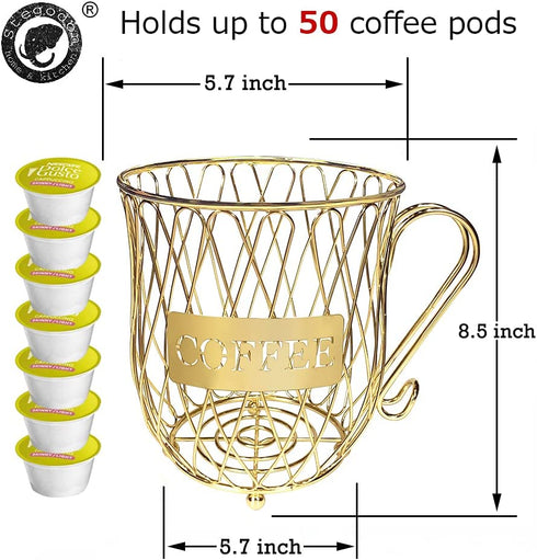 Golden K Cup Holder, 50 Coffee Pod Holder, Large Capacity Kcups Pod Organizer for Coffee Bar Decor, Coffee Pod Storage Basket Accessories for Counter, Table