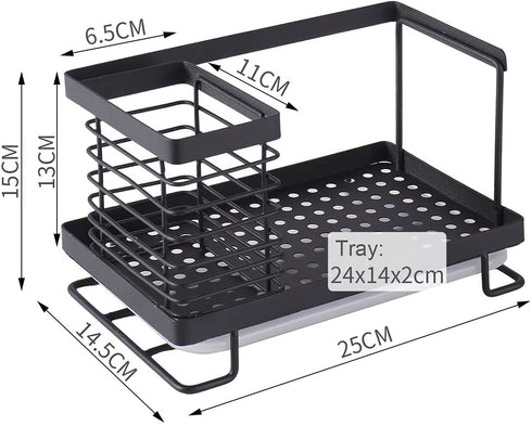 ORZ Sink Caddy Organizer Countertop, Holder for Sponge Brush Soap Dish Dishcloth with Drain Pan Stainless Steel for Kitchen Black¦