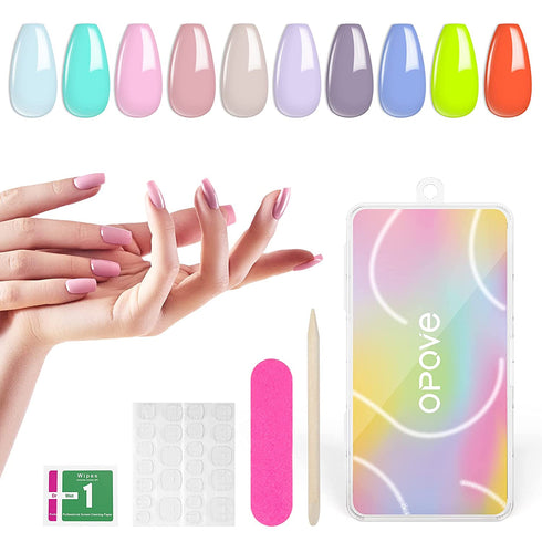 240PCS Press on Nails, OPOVE Short Acrylic glossy Nails Coffin Medium Length, Professional Nail Art Tips Set, Fake Nails with Nail File, Cuticle Stick, Stick on False Artificial Nails with Solid Color