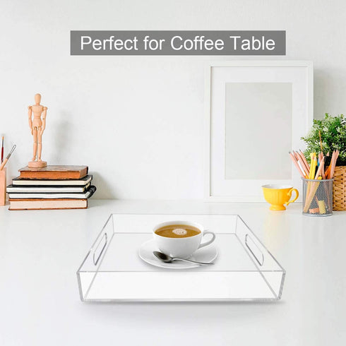 NIUBEE Clear Serving Tray 12x12 Inches -Spill Proof- Acrylic Decorative Tray Organiser for Ottoman Coffee Table Countertop with Handles