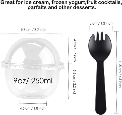 50 Pack 9oz Plastic Clear Dessert Cups with Dome Lids No Hole Disposable Snack Bowls for Ice Cream, Cake, Fruit, Parfait, Pudding and Jello Shot