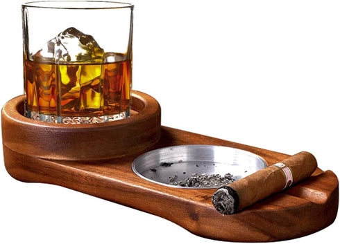 Cigar Ashtray Coaster Whiskey Glass Tray and Cigar Holder, Wooden Ash Tray, Slot to Hold Cigar, Cigar Rest, Cigar Accessory Set Gift for Men Dad, Great Decor for Home,Office or Bar