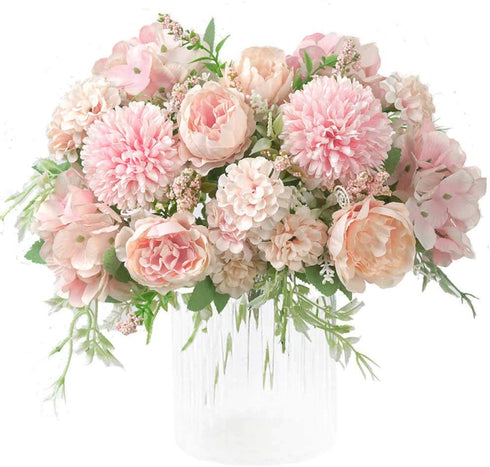 KIRIFLY Artificial Flowers, Fake Peony Silk Hydrangea Bouquet Decor Plastic Carnations Realistic Flower Arrangements Wedding Decoration Table Centerpieces 2 Packs (Light Pink)