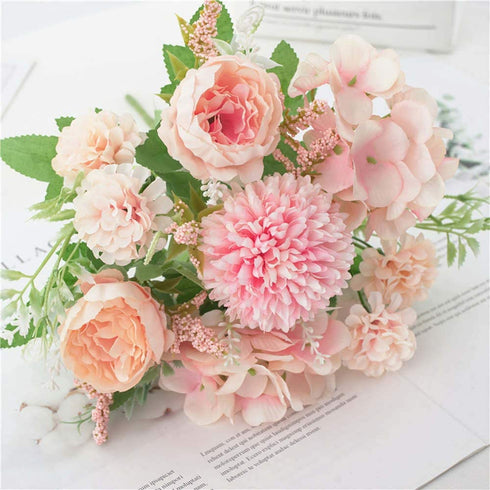 KIRIFLY Artificial Flowers, Fake Peony Silk Hydrangea Bouquet Decor Plastic Carnations Realistic Flower Arrangements Wedding Decoration Table Centerpieces 2 Packs (Light Pink)