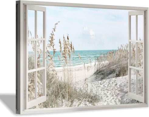 Hardy Gallery Coastal Beach Picture Wall Art: Beach Theme Window Canvas Art Prints Seascape Artwork for Bedroom (36? x 24œ x 1 Panel)