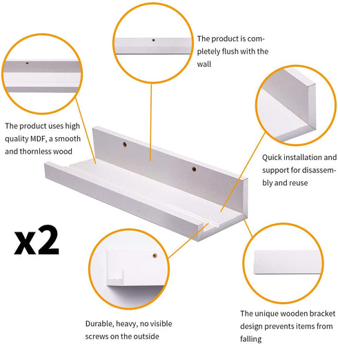 Muzilife 12 Inch White Floating Shelves - Set of 2 Rustic Wood Floating Shelves - Wall Mounted Small Picture Ledge for Bathroom, Bedroom, Living Room