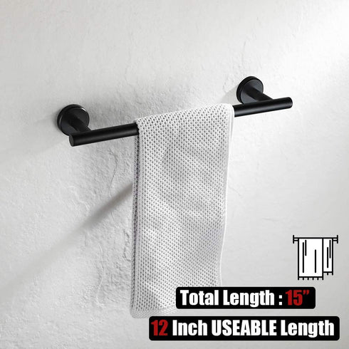JQK Black Towel Bar, 12 Inch Stainless Steel Hand Towel Rack, Bathroom Towel Holder Matte Black Wall Mount, Total Length 15 Inch TB110L12-PB