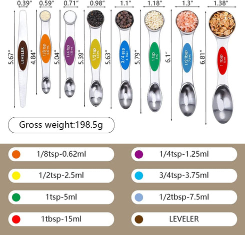 Sunnyac Measuring Spoons with Strong Magnets, Set of 8 Stainless Steel Measuring Spoons with Leveler, Double-Ended Metal Teaspoon and Tablespoon for Dry and Liquid Ingredients (Multi-colored)