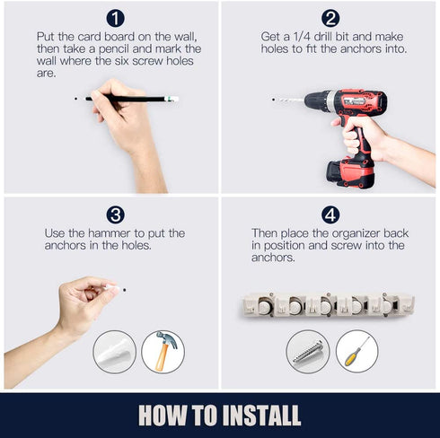 2 Pack Imillet Mop and Broom Holder, Wall Mounted Organizer-Mop and broom Storage Tool Rack with 5 Ball Slots and 6 Hooks (Beige)