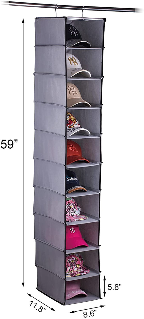WRITENBACO Hanging Closet Hat Rack 10 Shelf Organizer, Baseball Caps and Hats Storage Holder (Grey)