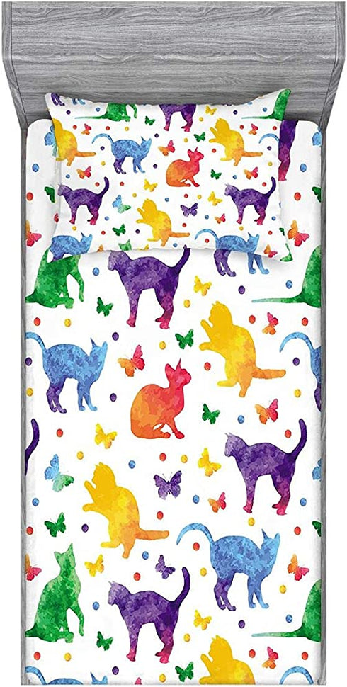 Cartoon Cat Bed Fitted Sheets, Butterfly Cat Sheet Set for Kids Girls Boys Teens, Twin Fitted Sheets 2 Pack Animal Pet Kittens Bedding Decor Set Soft Microfiber Sheet Set