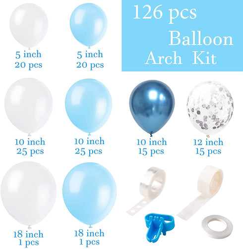 Blue Balloon Garland Arch Kit - 126 Pieces/PCS Metallic Blue White and Silver Confetti Latex Balloons for Baby Shower Birthday Wedding Graduation Bachelorette Anniversary Party Background Decorations